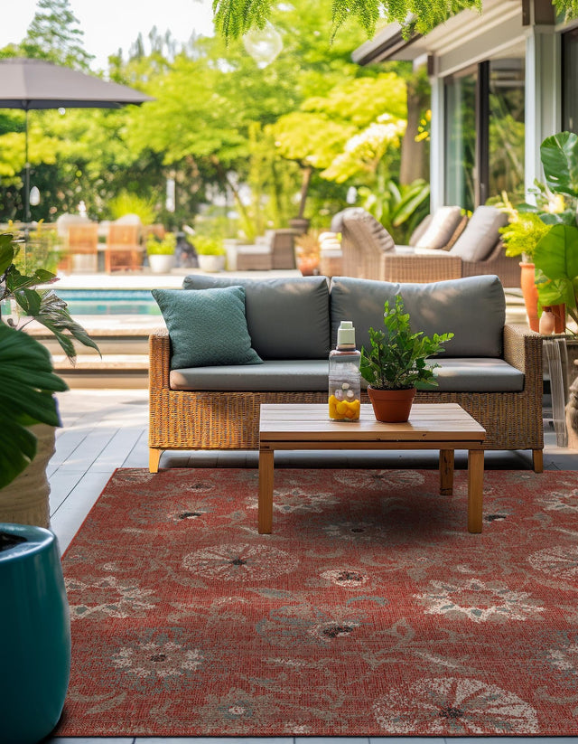 Terracotta 7' 10 x 7' 10 Outdoor Botanical Square Area Rug Weather Resistant for Patio, Deck, Terrace, Balcony, Porch Polypropylene Garden Floral Tropical Carpet for Sale at Rug Engine