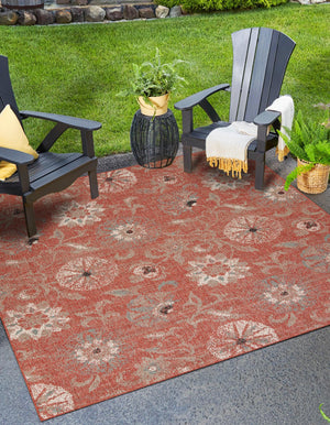Terracotta 7' 10 x 7' 10 Outdoor Botanical Square Area Rug Weather Resistant for Patio, Deck, Terrace, Balcony, Porch Polypropylene Garden Floral Tropical Carpet for Sale at Rug Engine
