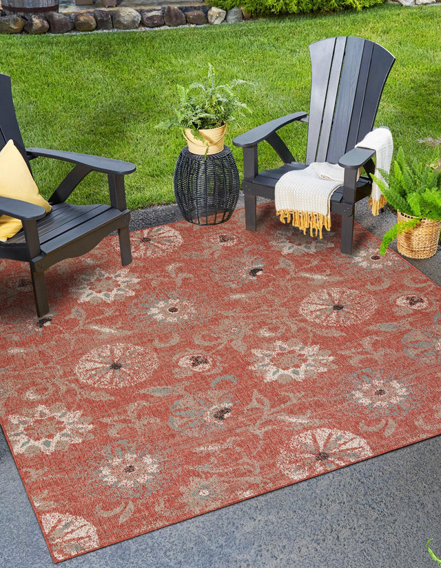 Terracotta 7' 10 x 7' 10 Outdoor Botanical Square Area Rug Weather Resistant for Patio, Deck, Terrace, Balcony, Porch Polypropylene Garden Floral Tropical Carpet for Sale at Rug Engine