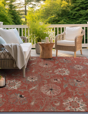 Terracotta 7' 10 x 7' 10 Outdoor Botanical Square Area Rug Weather Resistant for Patio, Deck, Terrace, Balcony, Porch Polypropylene Garden Floral Tropical Carpet for Sale at Rug Engine