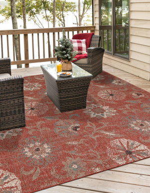 Terracotta 7' 10 x 7' 10 Outdoor Botanical Square Area Rug Weather Resistant for Patio, Deck, Terrace, Balcony, Porch Polypropylene Garden Floral Tropical Carpet for Sale at Rug Engine