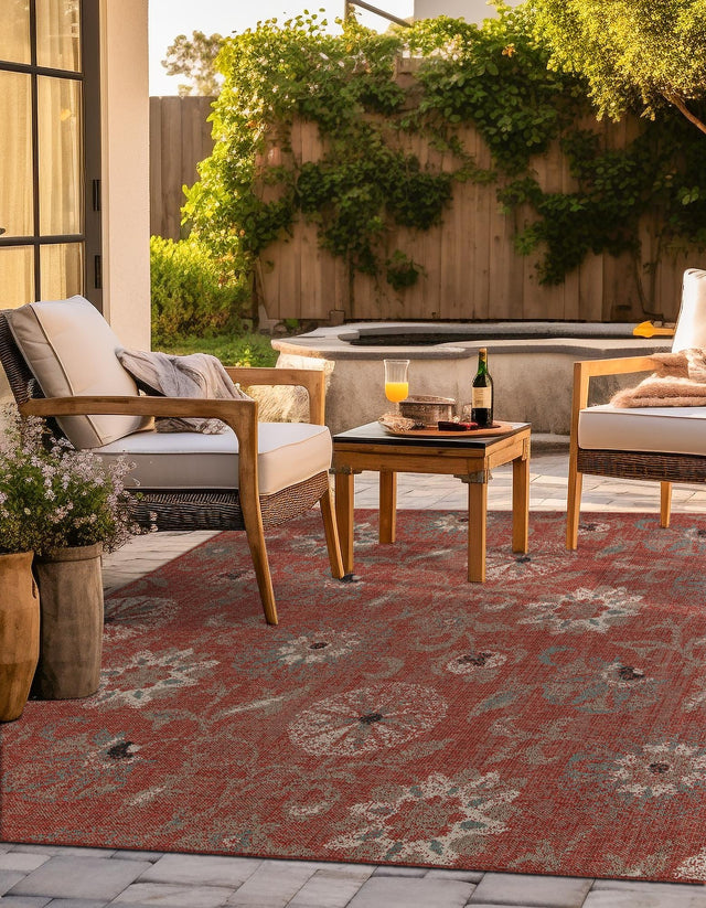 Terracotta 7' 10 x 7' 10 Outdoor Botanical Square Area Rug Weather Resistant for Patio, Deck, Terrace, Balcony, Porch Polypropylene Garden Floral Tropical Carpet for Sale at Rug Engine