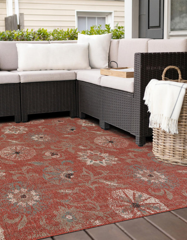 Terracotta 7' 10 x 7' 10 Outdoor Botanical Square Area Rug Weather Resistant for Patio, Deck, Terrace, Balcony, Porch Polypropylene Garden Floral Tropical Carpet for Sale at Rug Engine