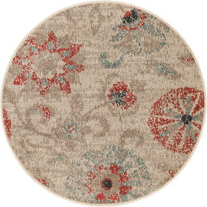Beige 3' 1 x 3' 1 Outdoor Botanical Round Area Rug Weather Resistant for Patio, Deck, Terrace, Balcony, Porch Polypropylene Garden Floral Tropical Carpet for Sale at Rug Engine