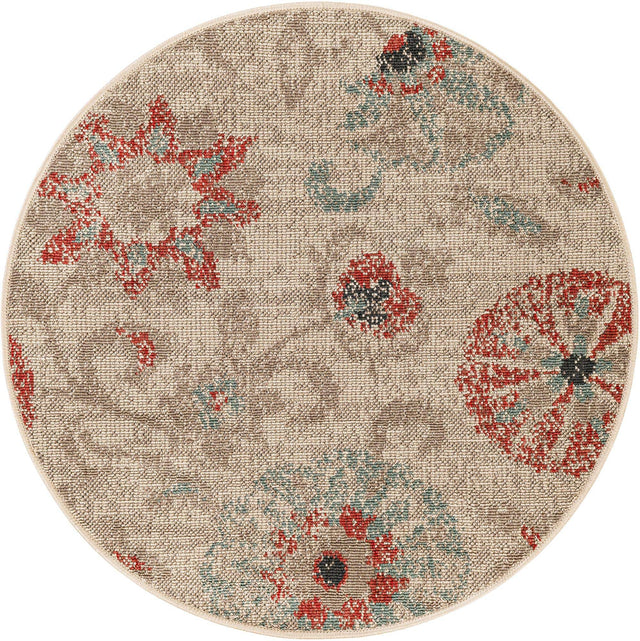 Beige 3' 1 x 3' 1 Outdoor Botanical Round Area Rug Weather Resistant for Patio, Deck, Terrace, Balcony, Porch Polypropylene Garden Floral Tropical Carpet for Sale at Rug Engine