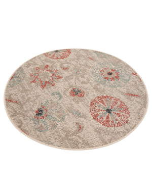 Beige 4' 1 x 4' 1 Outdoor Botanical Round Area Rug Weather Resistant for Patio, Deck, Terrace, Balcony, Porch Polypropylene Garden Floral Tropical Carpet for Sale at Rug Engine