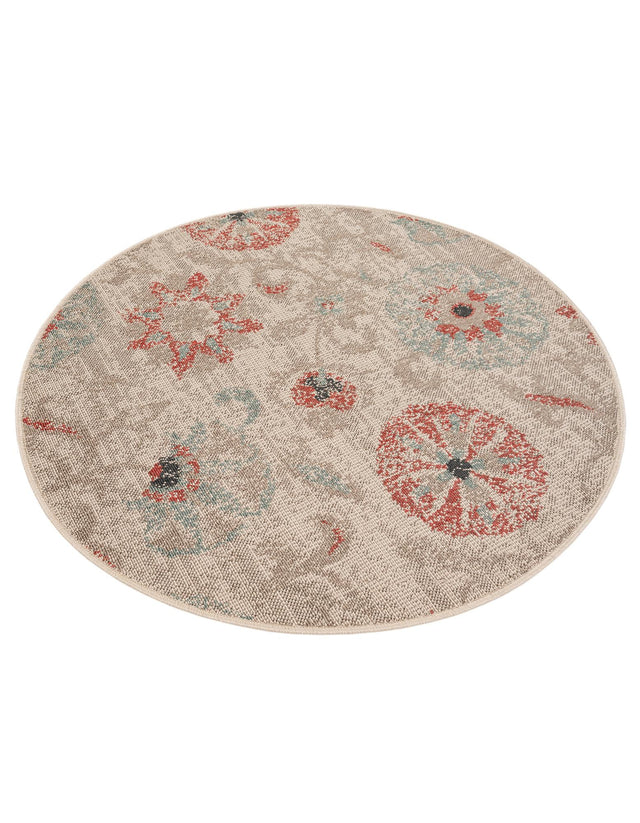 Beige 4' 1 x 4' 1 Outdoor Botanical Round Area Rug Weather Resistant for Patio, Deck, Terrace, Balcony, Porch Polypropylene Garden Floral Tropical Carpet for Sale at Rug Engine