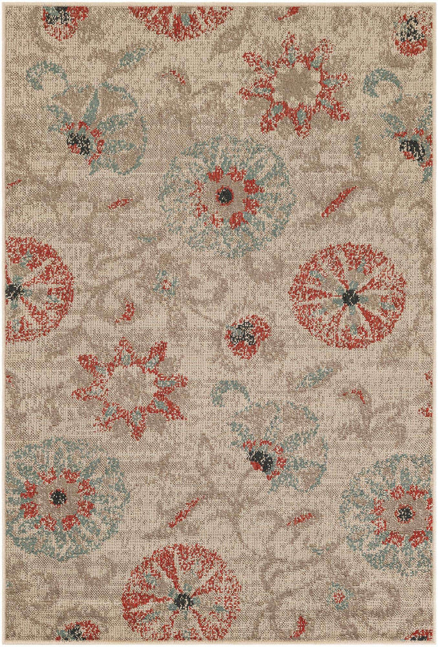 Beige 4' 1 x 6' 1 Outdoor Botanical Rectangle Area Rug Weather Resistant for Patio, Deck, Terrace, Balcony, Porch Polypropylene Garden Floral Tropical Carpet for Sale at Rug Engine