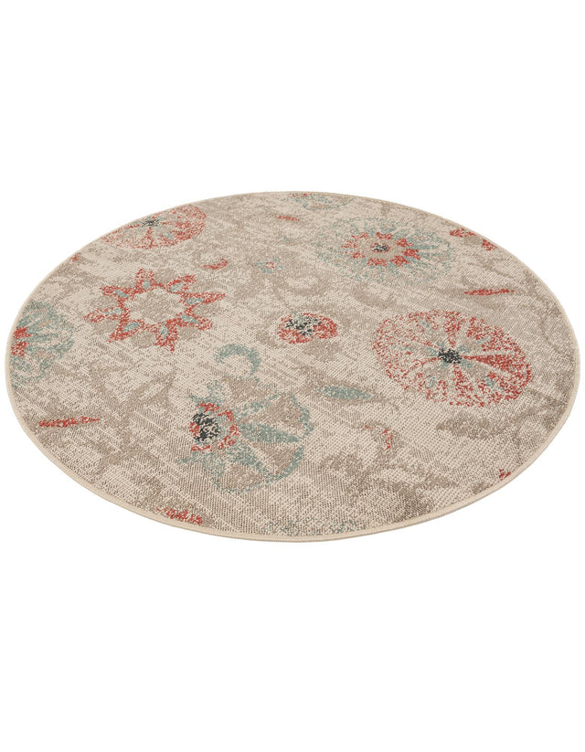 Beige 5' 1 x 5' 1 Outdoor Botanical Round Area Rug Weather Resistant for Patio, Deck, Terrace, Balcony, Porch Polypropylene Garden Floral Tropical Carpet for Sale at Rug Engine