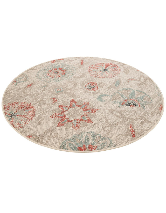 Beige 5' 1 x 5' 1 Outdoor Botanical Round Area Rug Weather Resistant for Patio, Deck, Terrace, Balcony, Porch Polypropylene Garden Floral Tropical Carpet for Sale at Rug Engine
