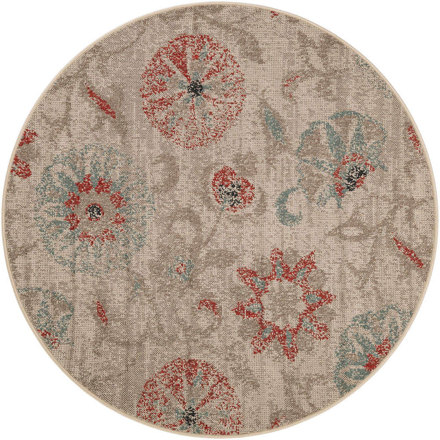 Beige 5' 1 x 5' 1 Outdoor Botanical Round Area Rug Weather Resistant for Patio, Deck, Terrace, Balcony, Porch Polypropylene Garden Floral Tropical Carpet for Sale at Rug Engine