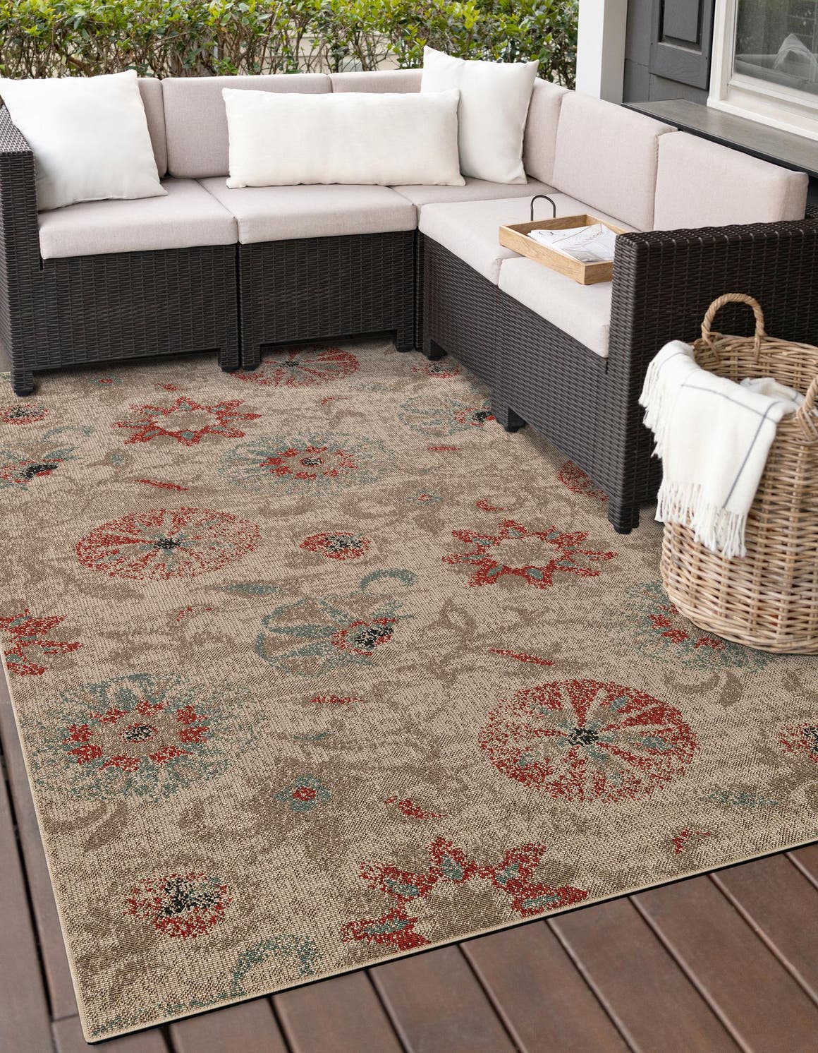 Beige 6' 1 x 9' Outdoor Botanical Rectangle Area Rug Weather Resistant for Patio, Deck, Terrace, Balcony, Porch Polypropylene Garden Floral Tropical Carpet for Sale at Rug Engine