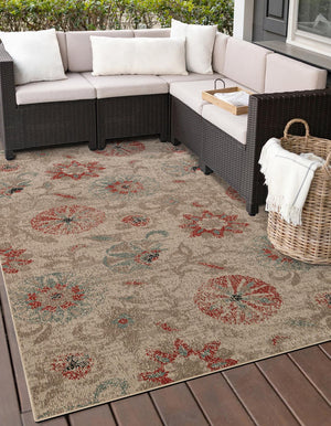 Beige 6' 1 x 9' Outdoor Botanical Rectangle Area Rug Weather Resistant for Patio, Deck, Terrace, Balcony, Porch Polypropylene Garden Floral Tropical Carpet for Sale at Rug Engine