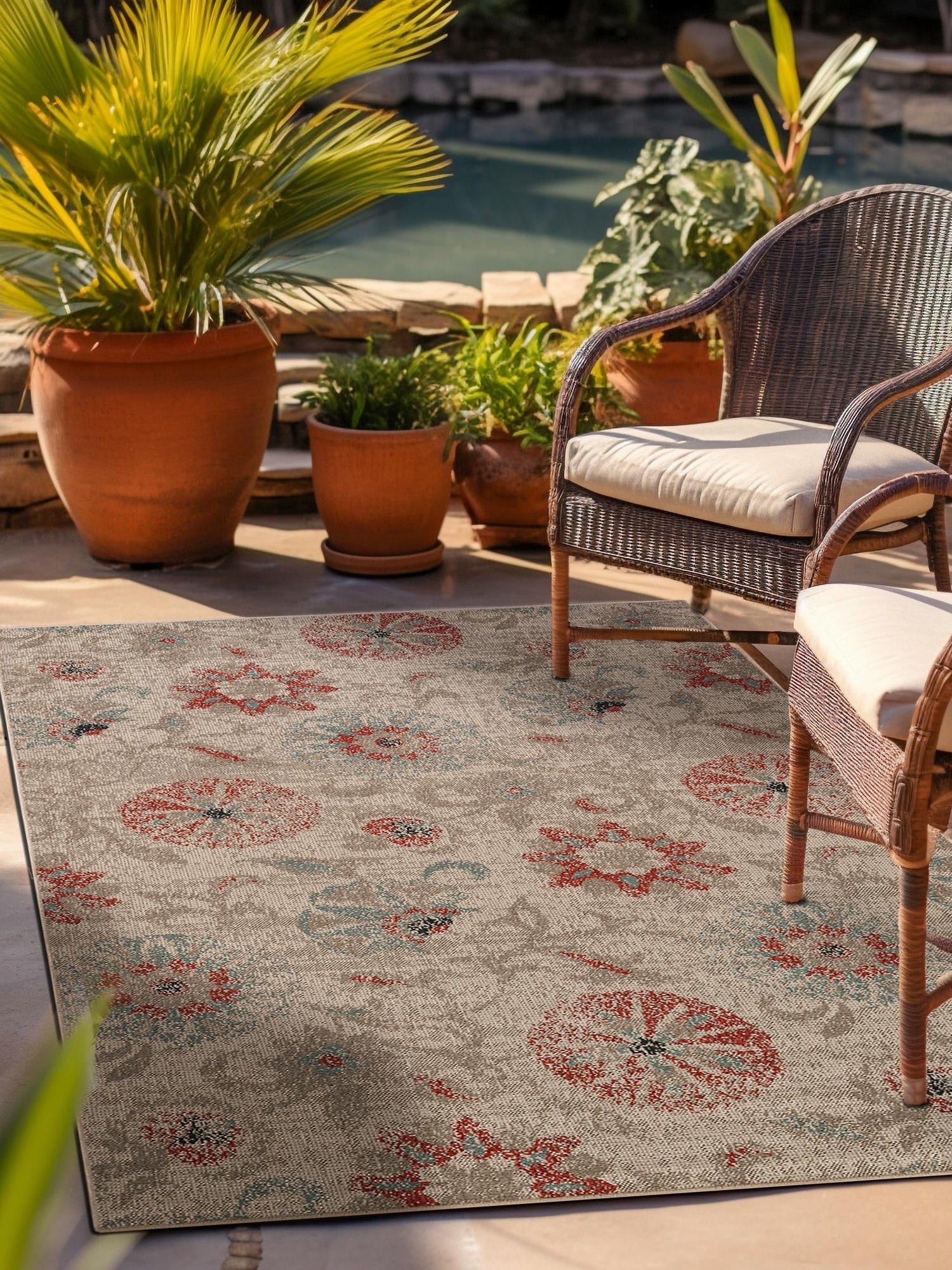 Beige 4' 1 x 6' 1 Outdoor Botanical Rectangle Area Rug Weather Resistant for Patio, Deck, Terrace, Balcony, Porch Polypropylene Garden Floral Tropical Carpet for Sale at Rug Engine