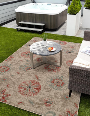 Beige 4' 1 x 6' 1 Outdoor Botanical Rectangle Area Rug Weather Resistant for Patio, Deck, Terrace, Balcony, Porch Polypropylene Garden Floral Tropical Carpet for Sale at Rug Engine