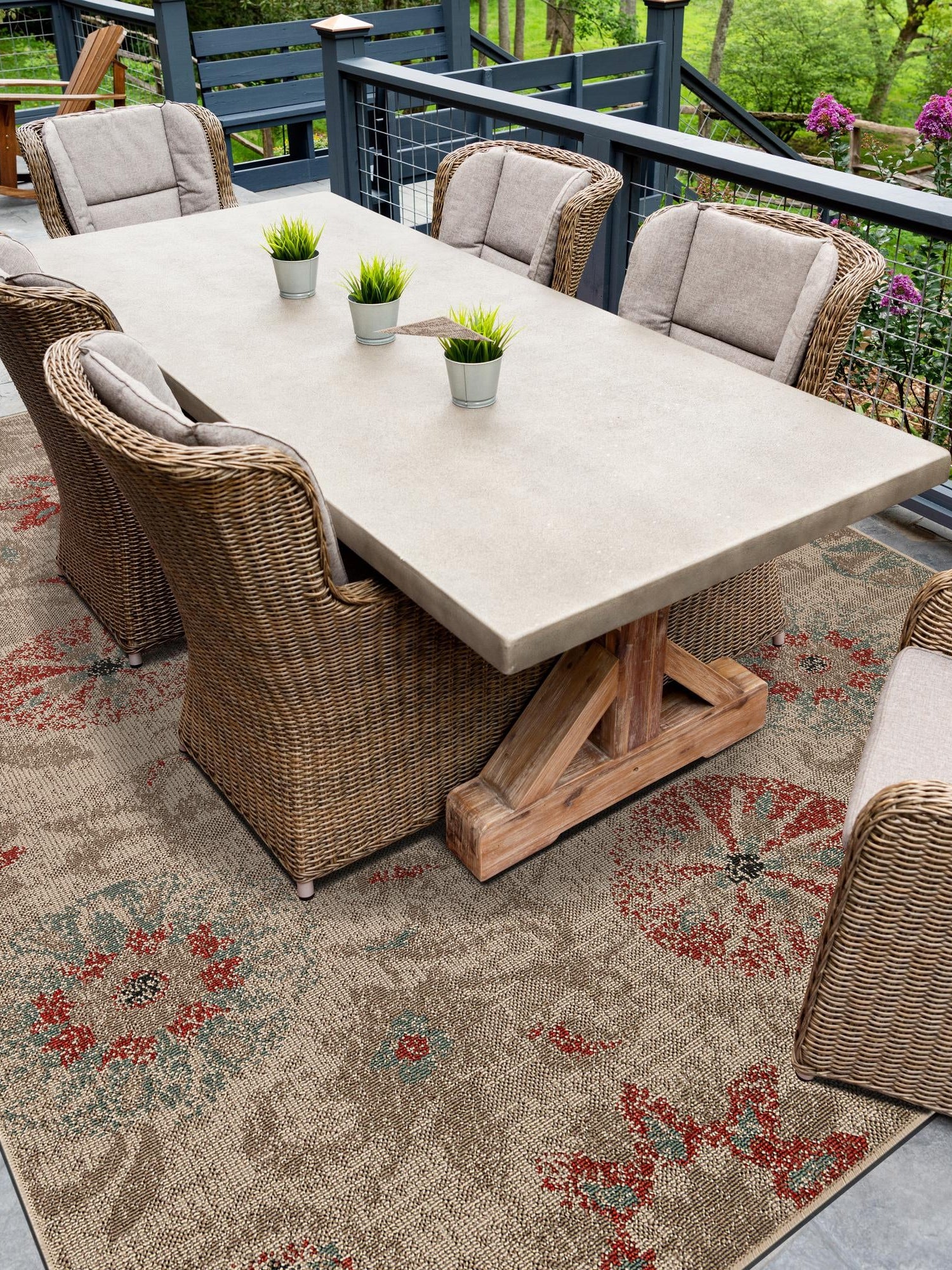 Beige 6' 1 x 9' Outdoor Botanical Rectangle Area Rug Weather Resistant for Patio, Deck, Terrace, Balcony, Porch Polypropylene Garden Floral Tropical Carpet for Sale at Rug Engine