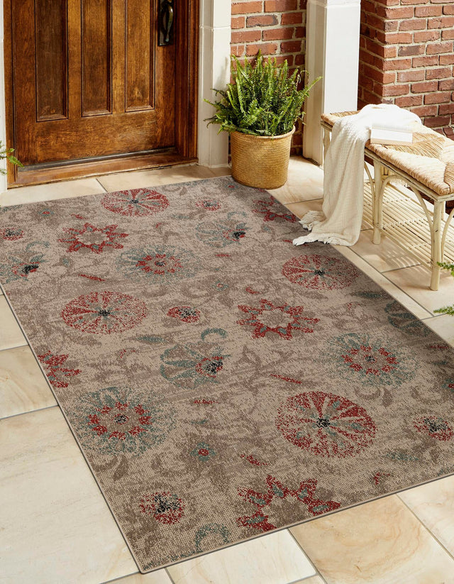 Beige 5' 1 x 8' Outdoor Botanical Rectangle Area Rug Weather Resistant for Patio, Deck, Terrace, Balcony, Porch Polypropylene Garden Floral Tropical Carpet for Sale at Rug Engine