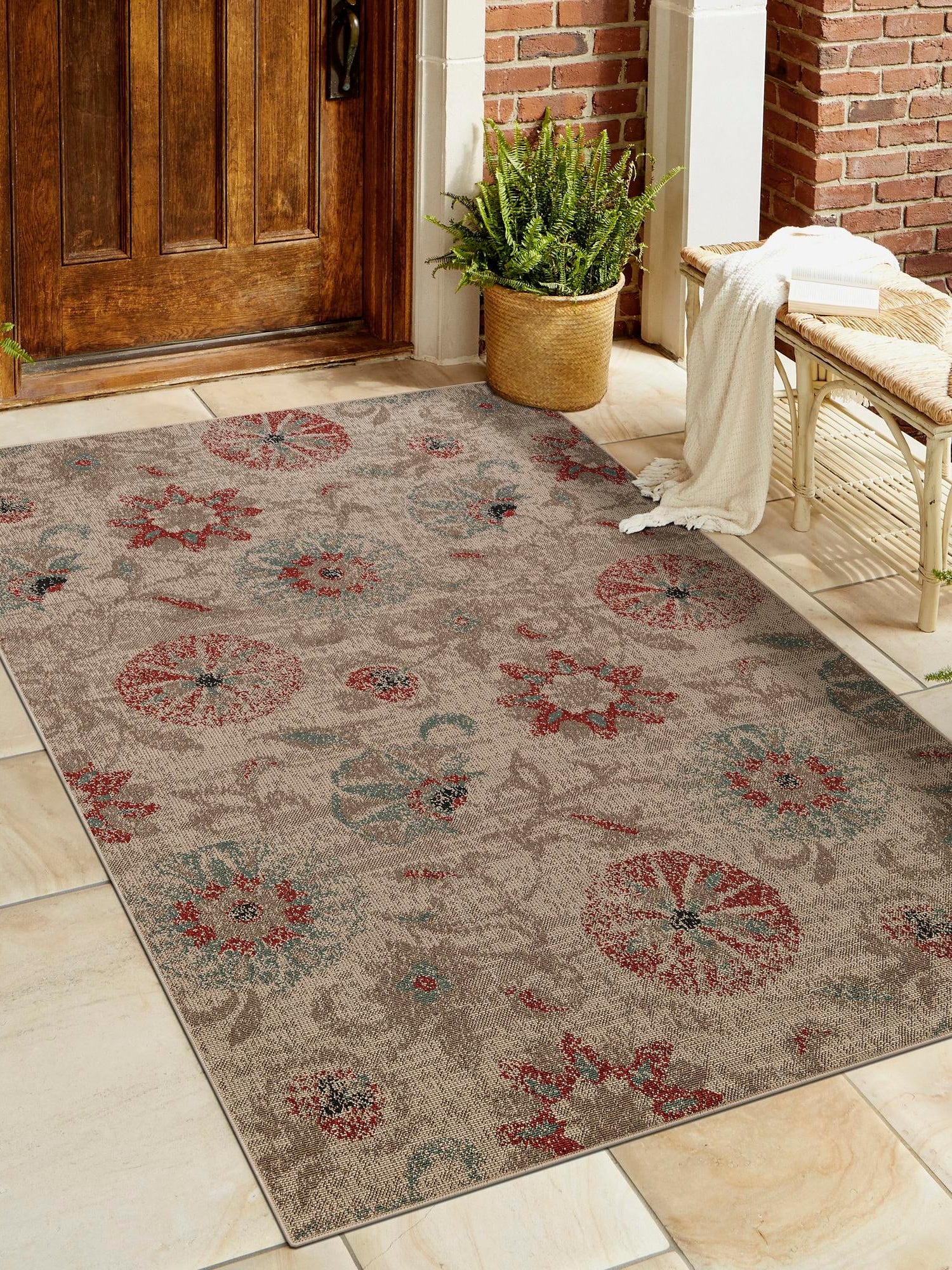 Beige 2' x 3' 1 Outdoor Botanical Rectangle Area Rug Weather Resistant for Patio, Deck, Terrace, Balcony, Porch Polypropylene Garden Floral Tropical Carpet for Sale at Rug Engine