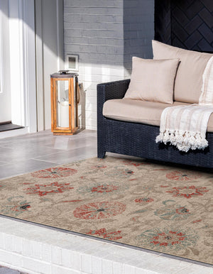 Beige 9' x 12' Outdoor Botanical Rectangle Area Rug Weather Resistant for Patio, Deck, Terrace, Balcony, Porch Polypropylene Garden Floral Tropical Carpet for Sale at Rug Engine