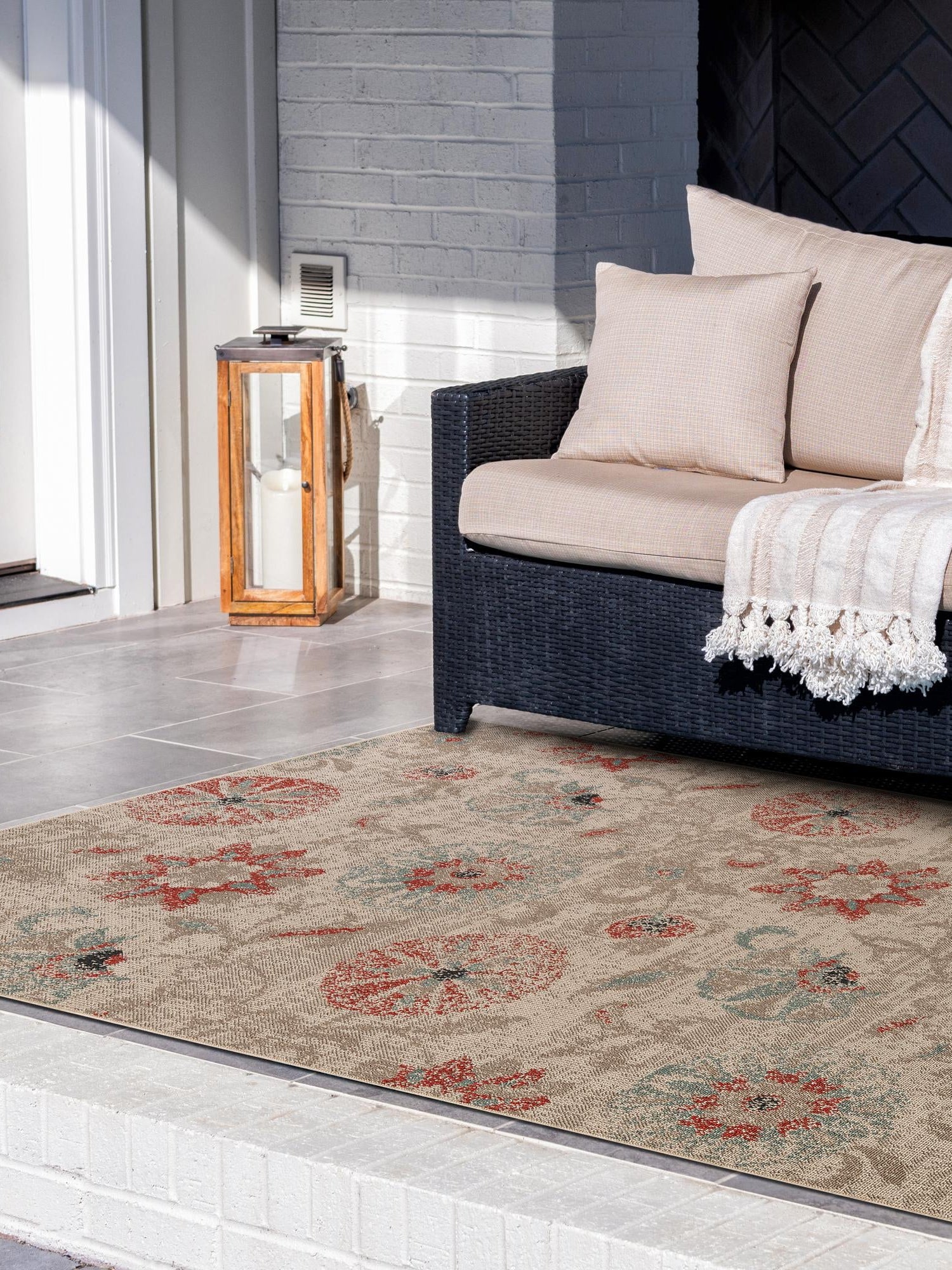 Beige 6' 1 x 9' Outdoor Botanical Rectangle Area Rug Weather Resistant for Patio, Deck, Terrace, Balcony, Porch Polypropylene Garden Floral Tropical Carpet for Sale at Rug Engine