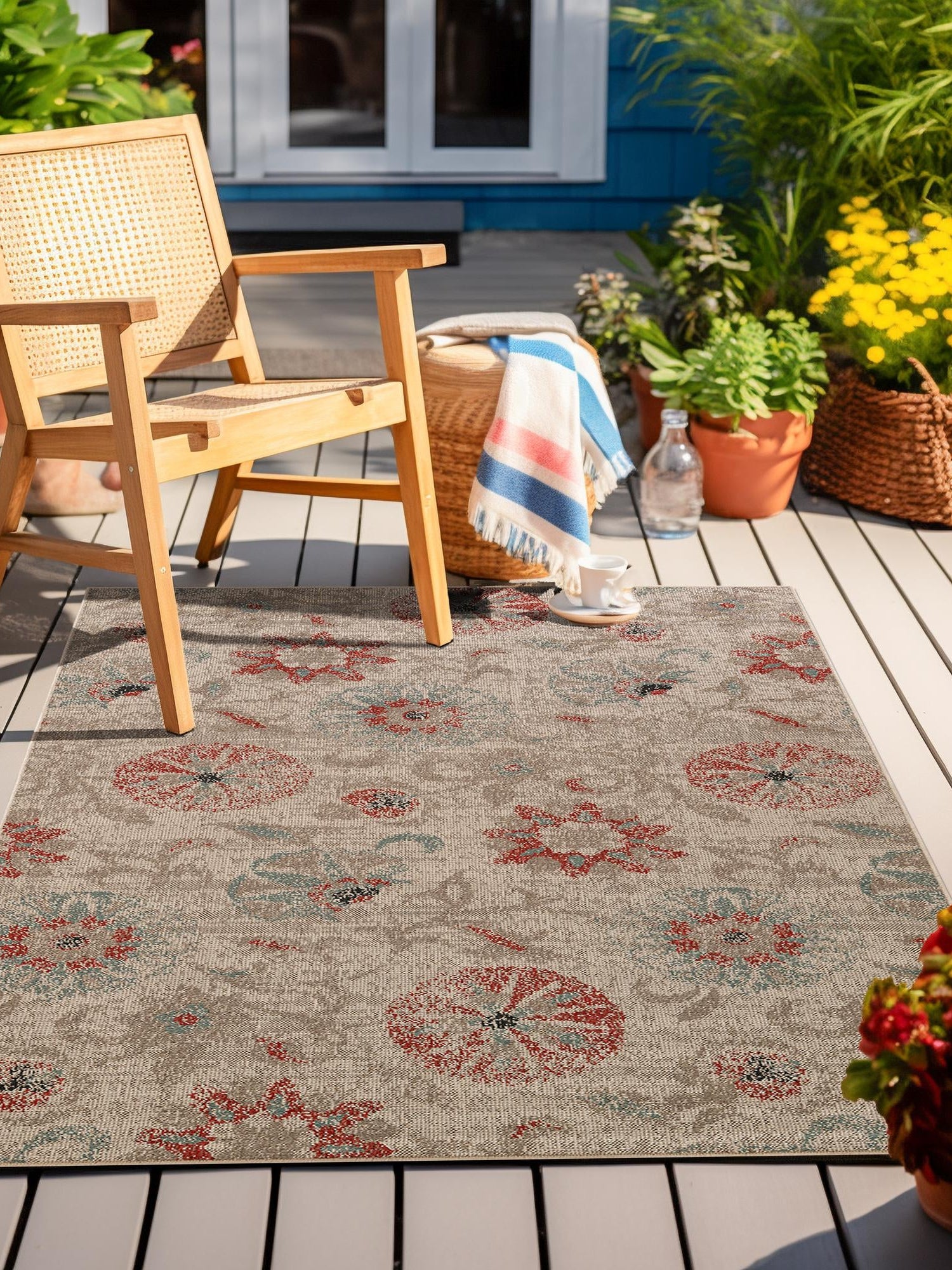 Beige 4' 1 x 6' 1 Outdoor Botanical Rectangle Area Rug Weather Resistant for Patio, Deck, Terrace, Balcony, Porch Polypropylene Garden Floral Tropical Carpet for Sale at Rug Engine