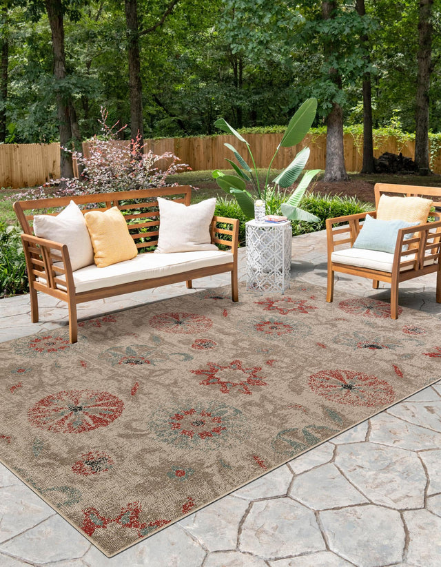 Beige 10' x 14' 2 Outdoor Botanical Rectangle Area Rug Weather Resistant for Patio, Deck, Terrace, Balcony, Porch Polypropylene Garden Floral Tropical Carpet for Sale at Rug Engine