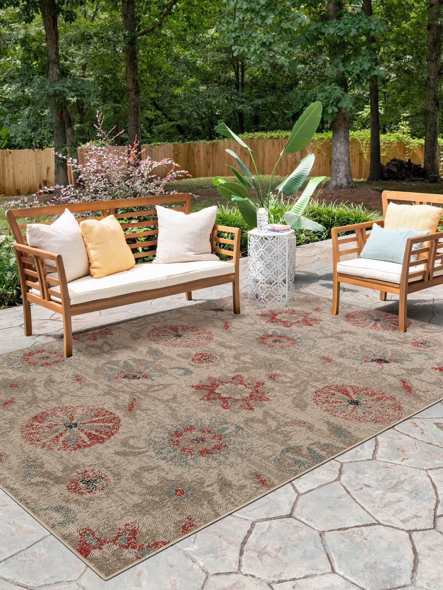 Beige 2' x 3' 1 Outdoor Botanical Rectangle Area Rug Weather Resistant for Patio, Deck, Terrace, Balcony, Porch Polypropylene Garden Floral Tropical Carpet for Sale at Rug Engine