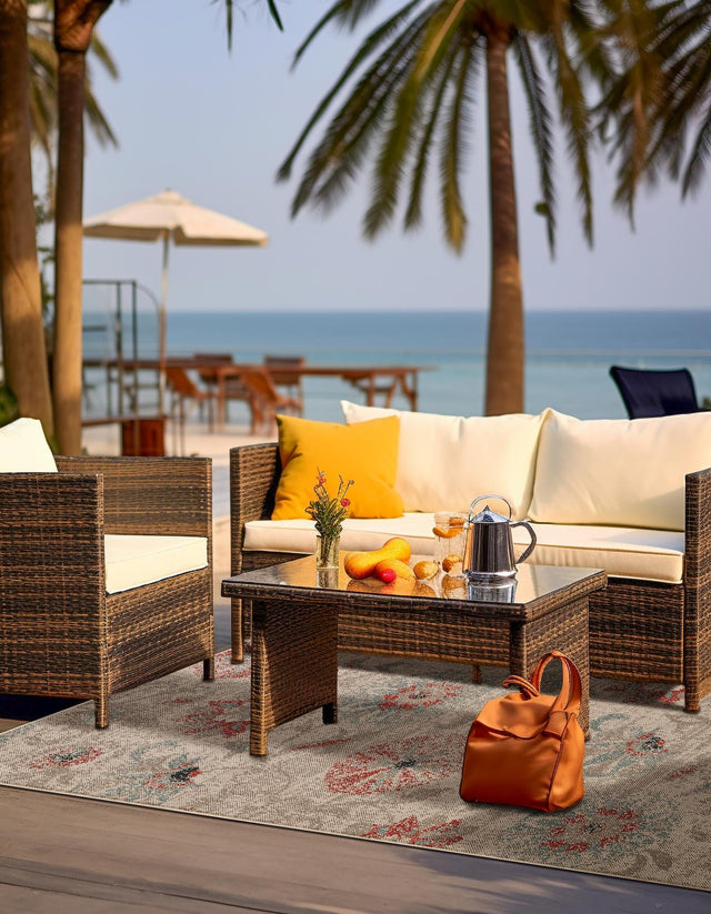 Beige 10' x 14' 2 Outdoor Botanical Rectangle Area Rug Weather Resistant for Patio, Deck, Terrace, Balcony, Porch Polypropylene Garden Floral Tropical Carpet for Sale at Rug Engine