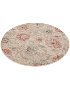 Beige 6' 1 x 6' 1 Outdoor Botanical Round Area Rug Weather Resistant for Patio, Deck, Terrace, Balcony, Porch Polypropylene Garden Floral Tropical Carpet for Sale at Rug Engine