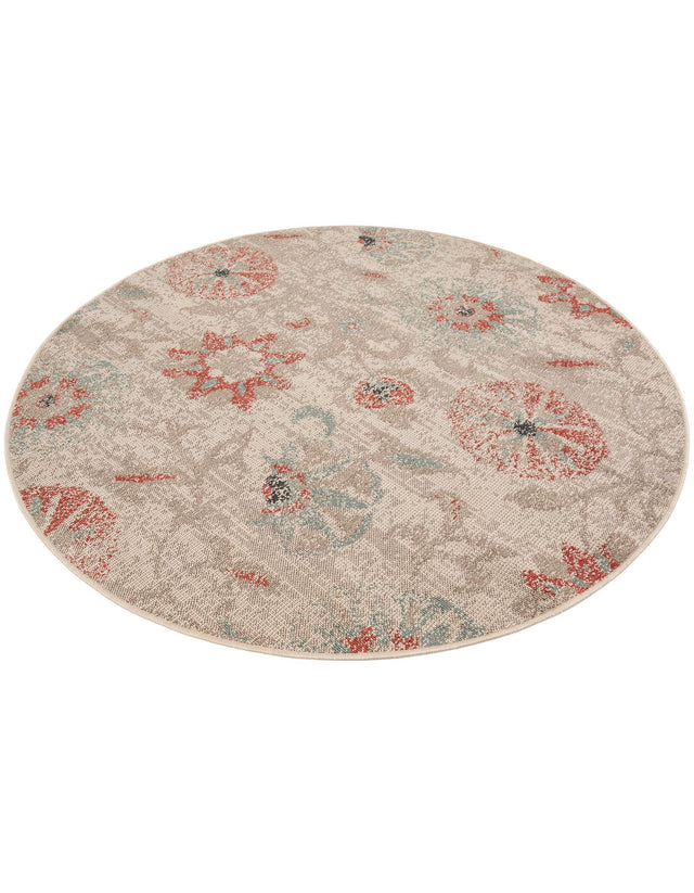 Beige 6' 1 x 6' 1 Outdoor Botanical Round Area Rug Weather Resistant for Patio, Deck, Terrace, Balcony, Porch Polypropylene Garden Floral Tropical Carpet for Sale at Rug Engine