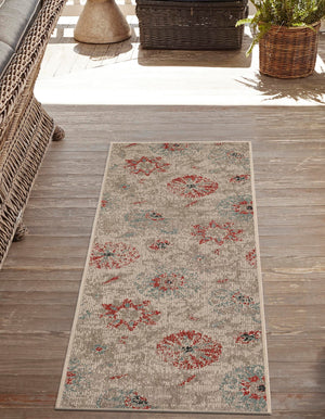 Beige 2' 7 x 12' Outdoor Botanical Runner Area Rug Weather Resistant for Patio, Deck, Terrace, Balcony, Porch Polypropylene Garden Floral Tropical Carpet for Sale at Rug Engine