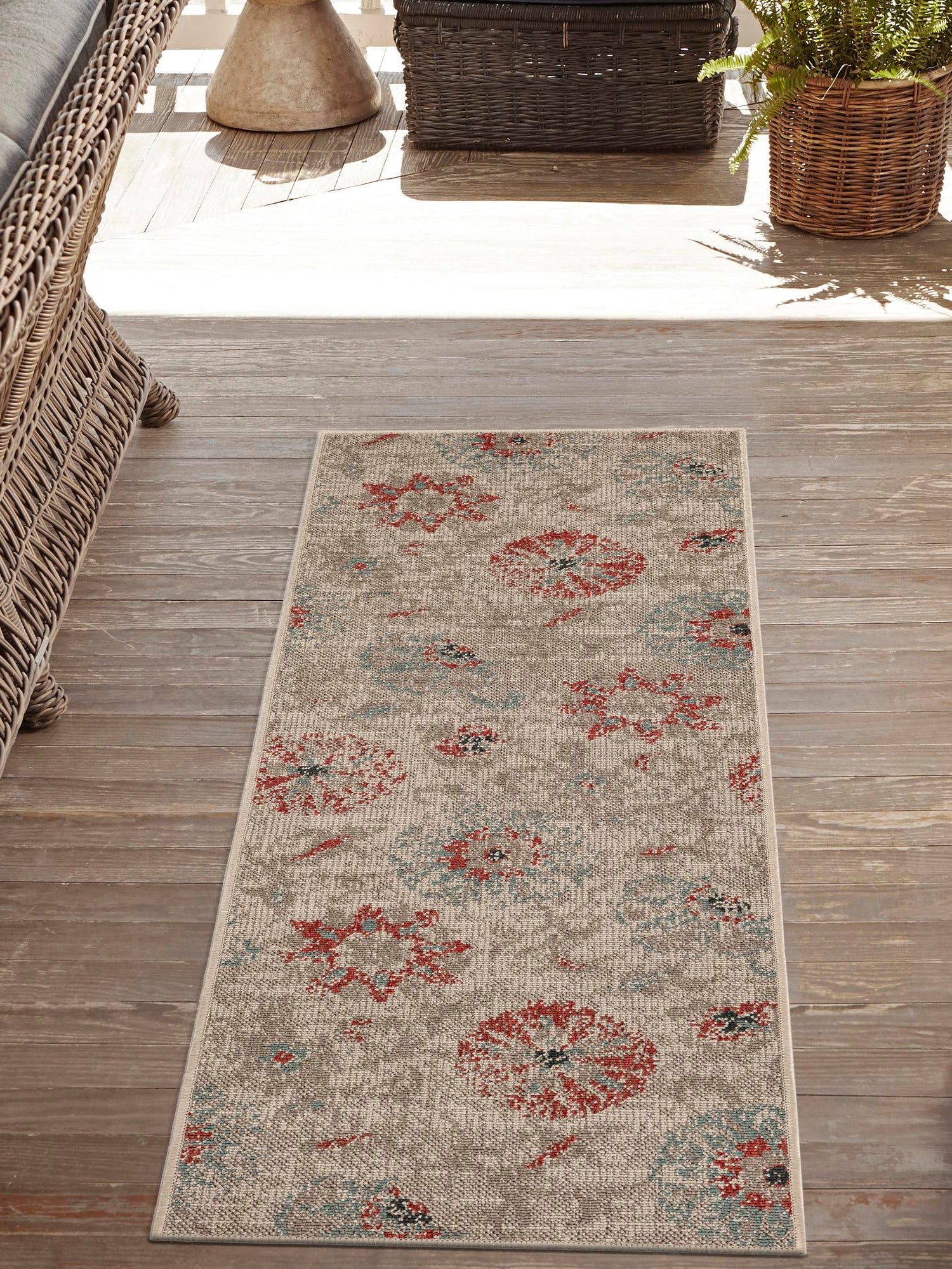 Beige 2' x 5' 1 Outdoor Botanical Runner Area Rug Weather Resistant for Patio, Deck, Terrace, Balcony, Porch Polypropylene Garden Floral Tropical Carpet for Sale at Rug Engine