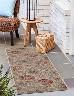 Beige 2' x 6' 1 Outdoor Botanical Runner Area Rug Weather Resistant for Patio, Deck, Terrace, Balcony, Porch Polypropylene Garden Floral Tropical Carpet for Sale at Rug Engine