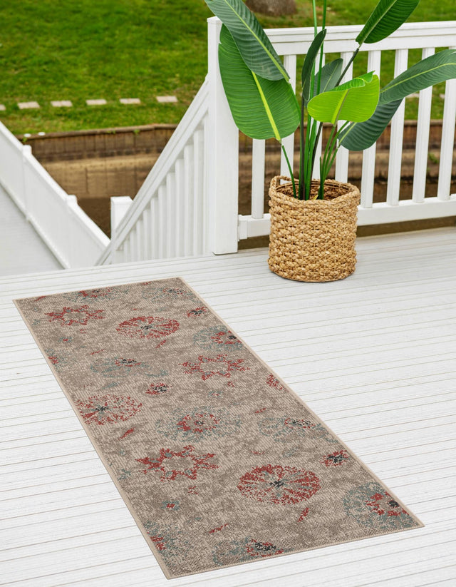Beige 2' 7 x 10' Outdoor Botanical Runner Area Rug Weather Resistant for Patio, Deck, Terrace, Balcony, Porch Polypropylene Garden Floral Tropical Carpet for Sale at Rug Engine