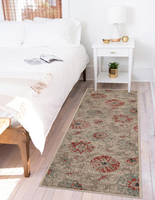 Beige 2' 7 x 12' Outdoor Botanical Runner Area Rug Weather Resistant for Patio, Deck, Terrace, Balcony, Porch Polypropylene Garden Floral Tropical Carpet for Sale at Rug Engine