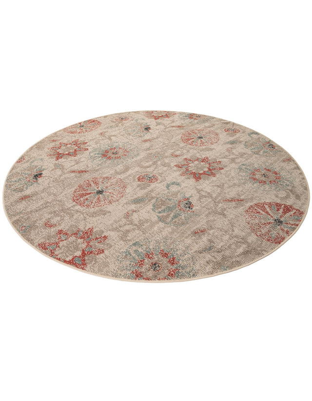 Beige 7' 10 x 7' 10 Outdoor Botanical Round Area Rug Weather Resistant for Patio, Deck, Terrace, Balcony, Porch Polypropylene Garden Floral Tropical Carpet for Sale at Rug Engine