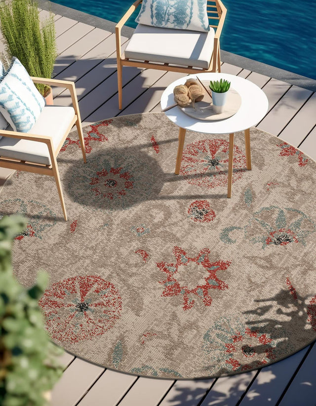 Beige 7' 10 x 7' 10 Outdoor Botanical Round Area Rug Weather Resistant for Patio, Deck, Terrace, Balcony, Porch Polypropylene Garden Floral Tropical Carpet for Sale at Rug Engine