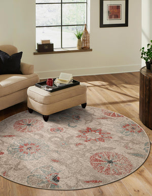 Beige 6' 1 x 6' 1 Outdoor Botanical Round Area Rug Weather Resistant for Patio, Deck, Terrace, Balcony, Porch Polypropylene Garden Floral Tropical Carpet for Sale at Rug Engine