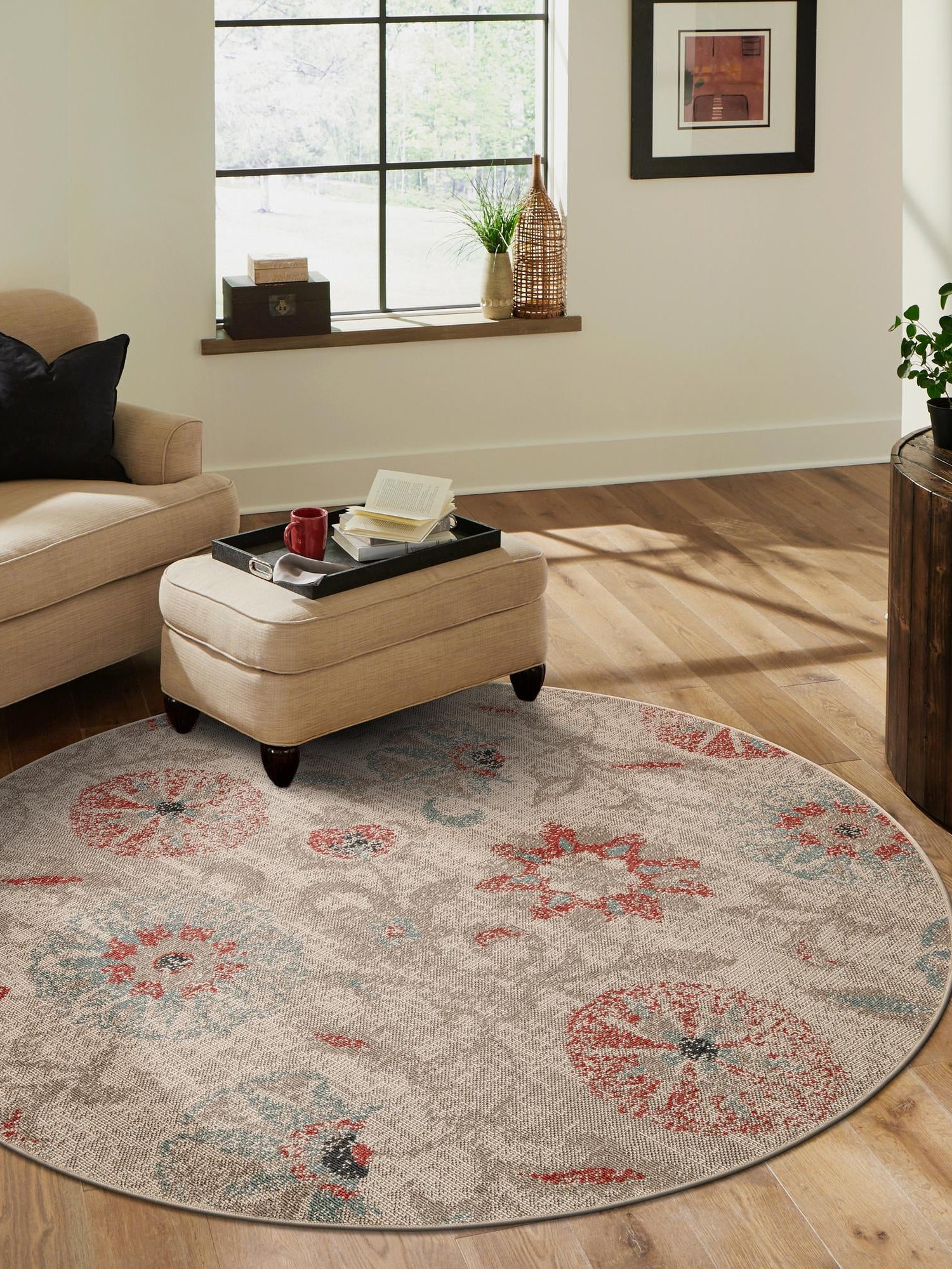 Beige 5' 1 x 5' 1 Outdoor Botanical Round Area Rug Weather Resistant for Patio, Deck, Terrace, Balcony, Porch Polypropylene Garden Floral Tropical Carpet for Sale at Rug Engine