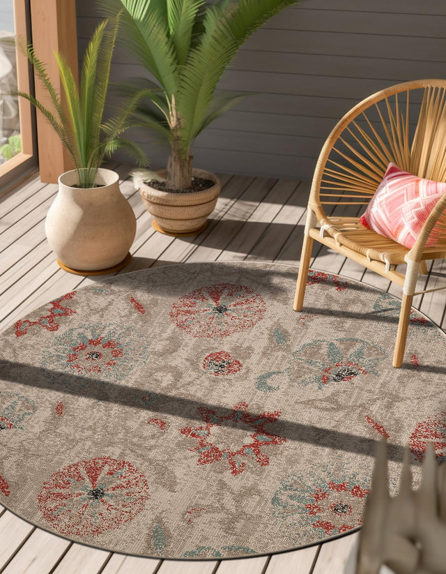 Beige 7' 10 x 7' 10 Outdoor Botanical Round Area Rug Weather Resistant for Patio, Deck, Terrace, Balcony, Porch Polypropylene Garden Floral Tropical Carpet for Sale at Rug Engine