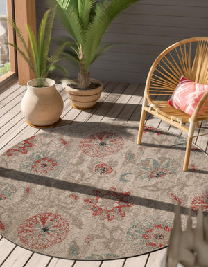 Beige 5' 1 x 5' 1 Outdoor Botanical Round Area Rug Weather Resistant for Patio, Deck, Terrace, Balcony, Porch Polypropylene Garden Floral Tropical Carpet for Sale at Rug Engine