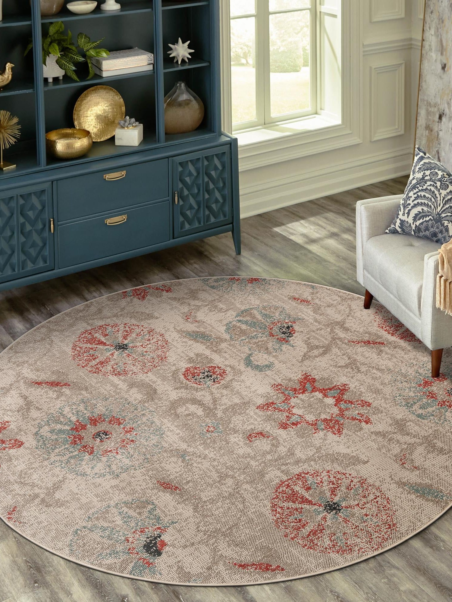 Beige 4' 1 x 4' 1 Outdoor Botanical Round Area Rug Weather Resistant for Patio, Deck, Terrace, Balcony, Porch Polypropylene Garden Floral Tropical Carpet for Sale at Rug Engine