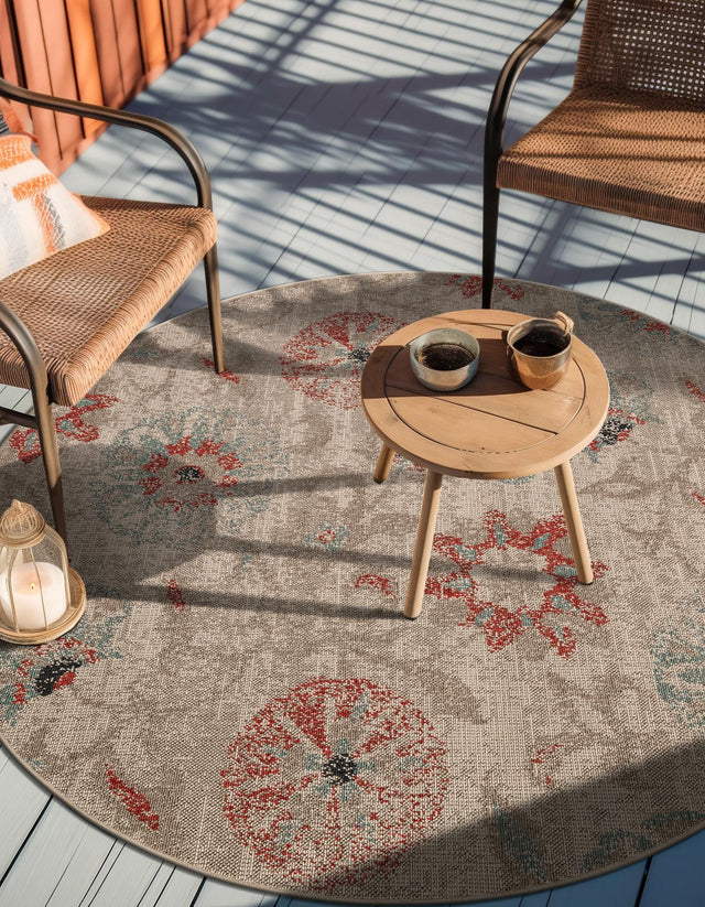 Beige 6' 1 x 6' 1 Outdoor Botanical Round Area Rug Weather Resistant for Patio, Deck, Terrace, Balcony, Porch Polypropylene Garden Floral Tropical Carpet for Sale at Rug Engine