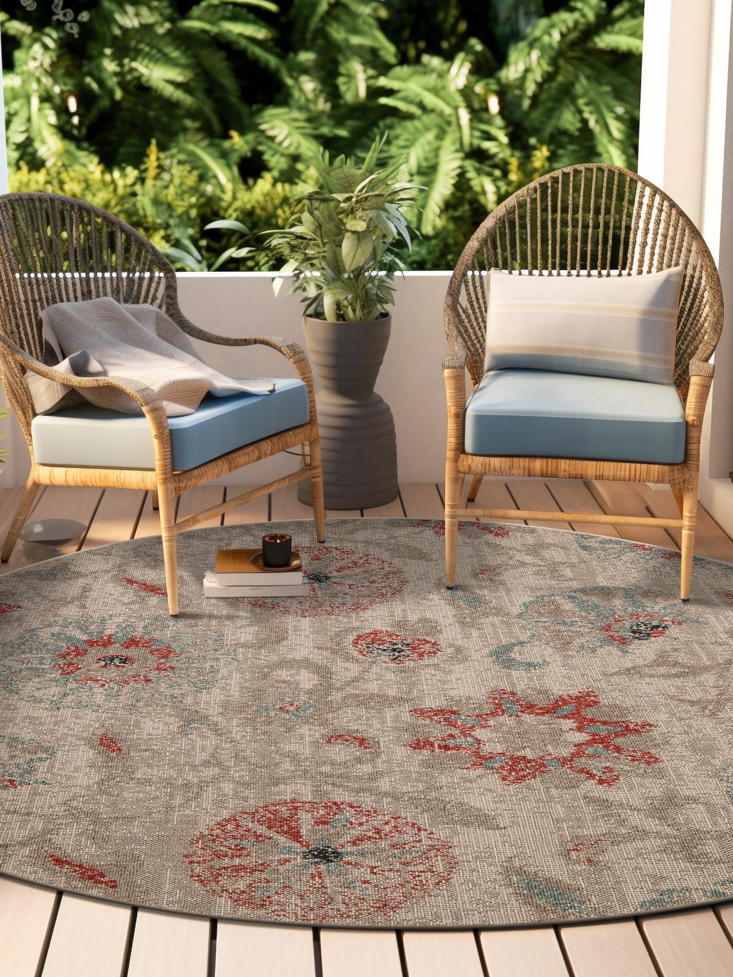 Beige 7' 10 x 7' 10 Outdoor Botanical Round Area Rug Weather Resistant for Patio, Deck, Terrace, Balcony, Porch Polypropylene Garden Floral Tropical Carpet for Sale at Rug Engine