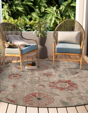 Beige 7' 10 x 7' 10 Outdoor Botanical Round Area Rug Weather Resistant for Patio, Deck, Terrace, Balcony, Porch Polypropylene Garden Floral Tropical Carpet for Sale at Rug Engine