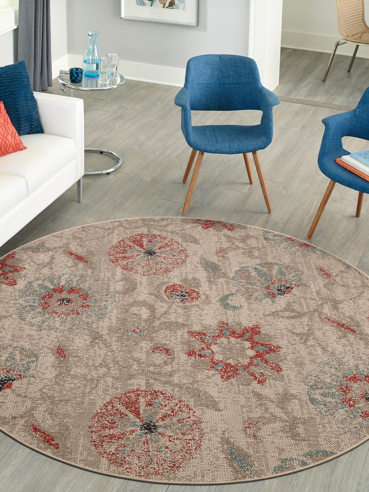 Beige 5' 1 x 5' 1 Outdoor Botanical Round Area Rug Weather Resistant for Patio, Deck, Terrace, Balcony, Porch Polypropylene Garden Floral Tropical Carpet for Sale at Rug Engine