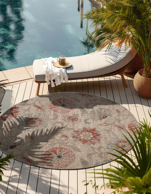 Beige 6' 1 x 6' 1 Outdoor Botanical Round Area Rug Weather Resistant for Patio, Deck, Terrace, Balcony, Porch Polypropylene Garden Floral Tropical Carpet for Sale at Rug Engine