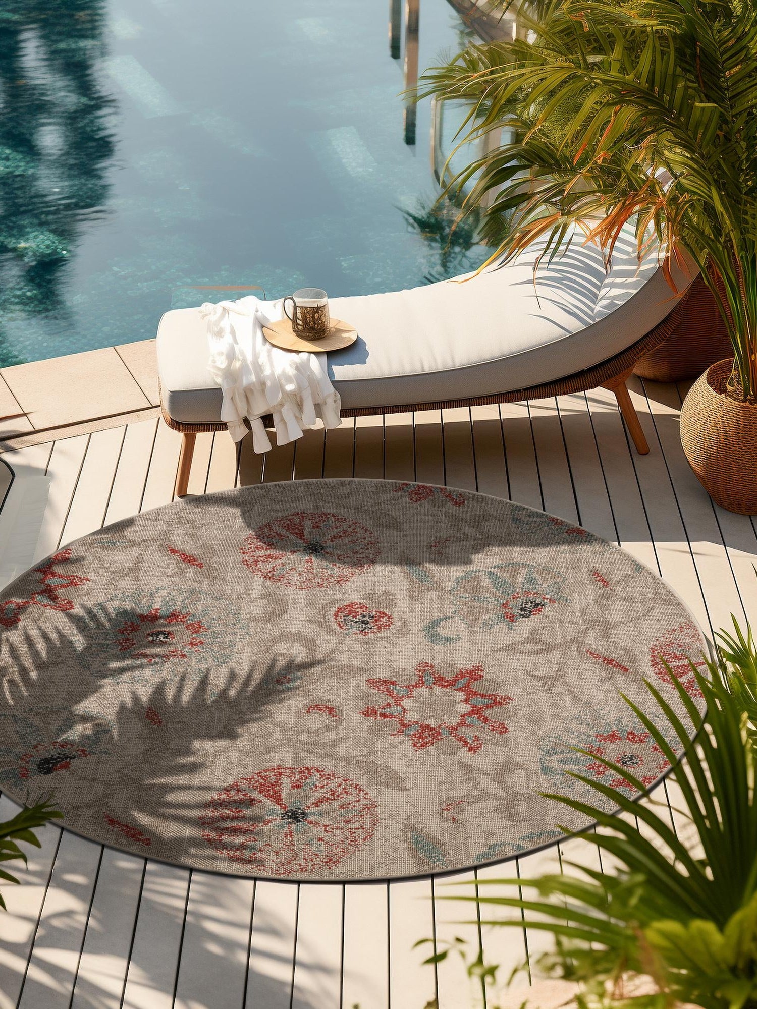Beige 3' 1 x 3' 1 Outdoor Botanical Round Area Rug Weather Resistant for Patio, Deck, Terrace, Balcony, Porch Polypropylene Garden Floral Tropical Carpet for Sale at Rug Engine
