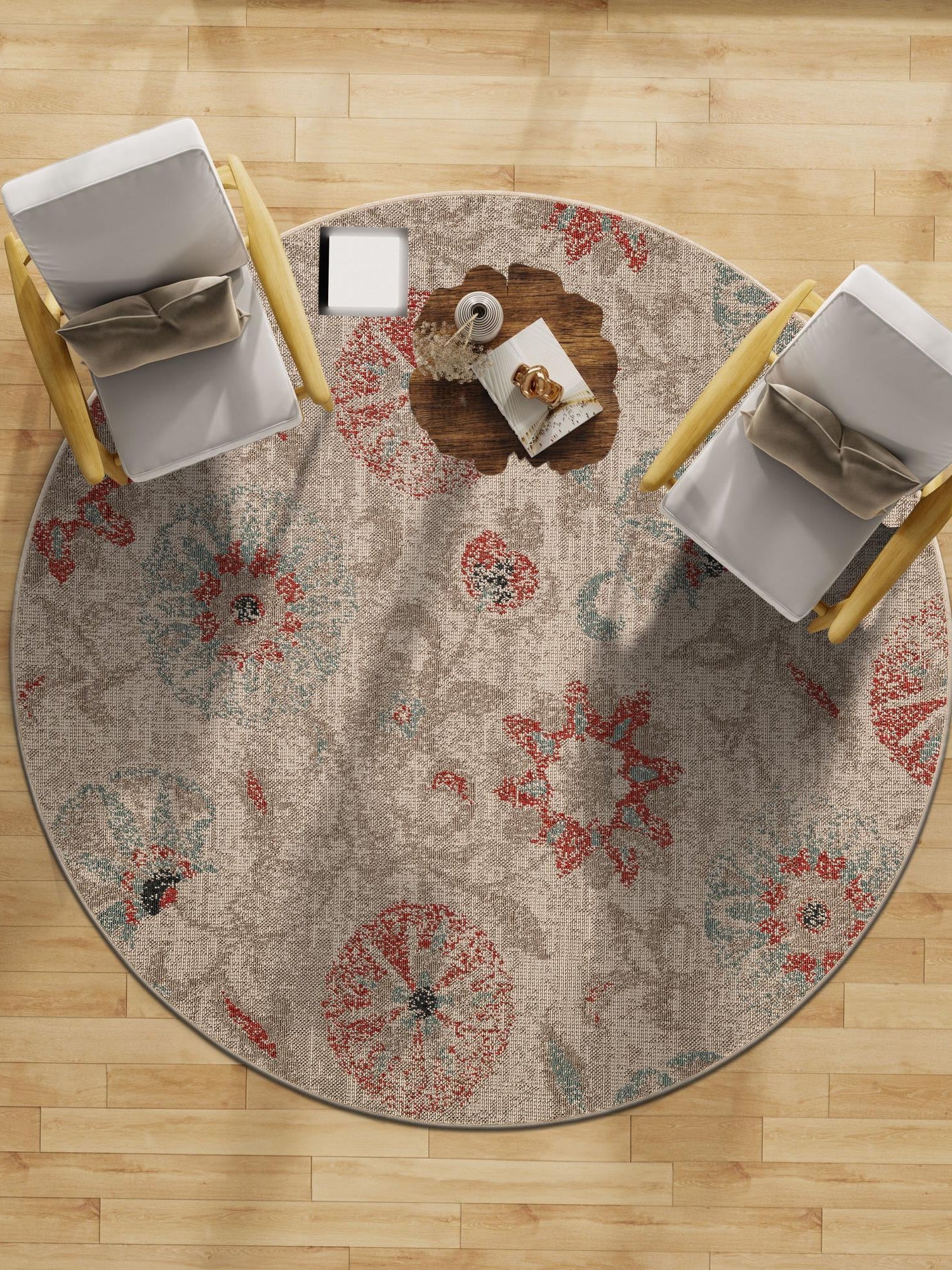 Beige 3' 1 x 3' 1 Outdoor Botanical Round Area Rug Weather Resistant for Patio, Deck, Terrace, Balcony, Porch Polypropylene Garden Floral Tropical Carpet for Sale at Rug Engine
