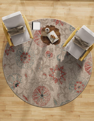 Beige 3' 1 x 3' 1 Outdoor Botanical Round Area Rug Weather Resistant for Patio, Deck, Terrace, Balcony, Porch Polypropylene Garden Floral Tropical Carpet for Sale at Rug Engine